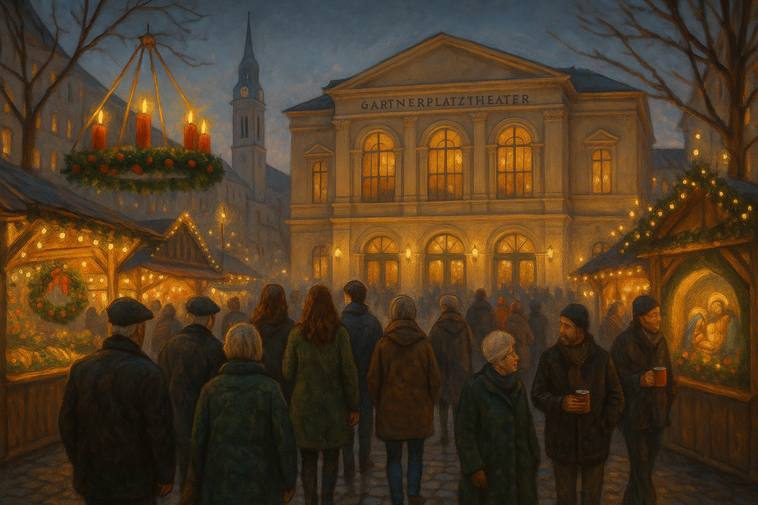 Stimmungsvolle Winterabend-Szene: Menschen spazieren über einen Weihnachtsmarkt vor dem Gärtnerplatztheater und stimmen sich auf den adventlichen Spaziergang und das gemeinsame Singen ein.